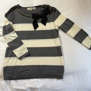 Ann Taylor Striped Sweater with Jewel and Bow Neckline Detail